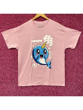 Kawaii Narwhal - Kaku "Horn" - Cute Graphic Pink T-Shirt Large
